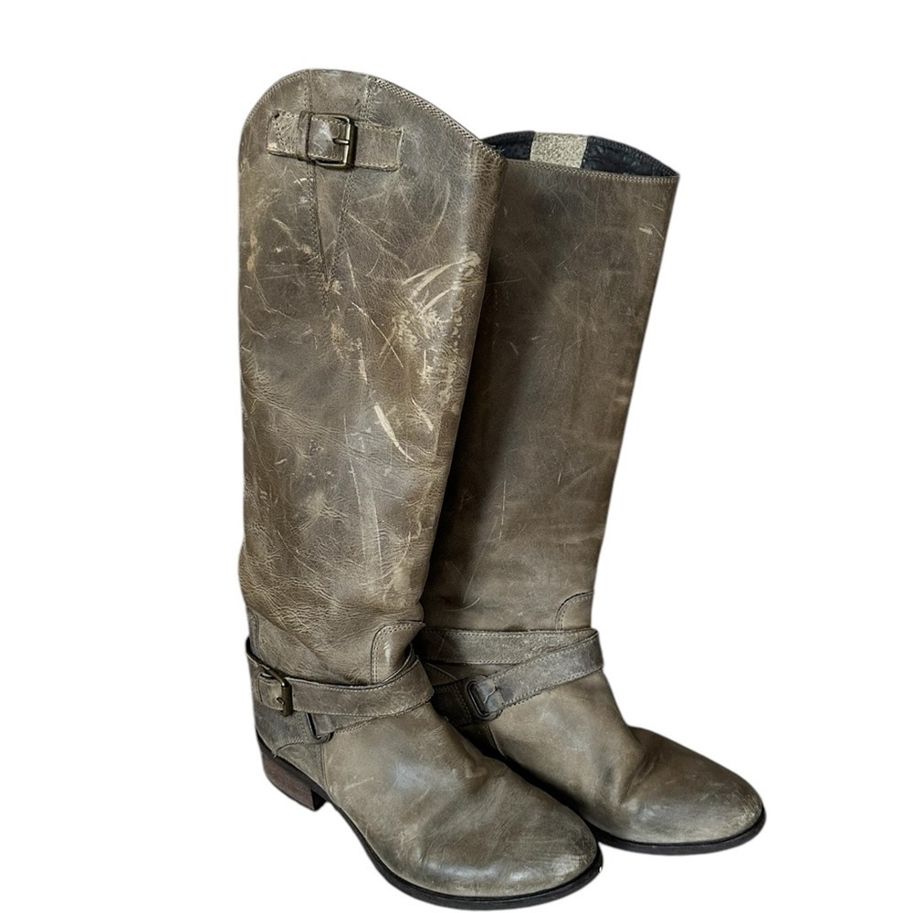 CHARLES DAVID Italy Vey Distressed Gray Leather Red Zip Up Riding Boots 6.5